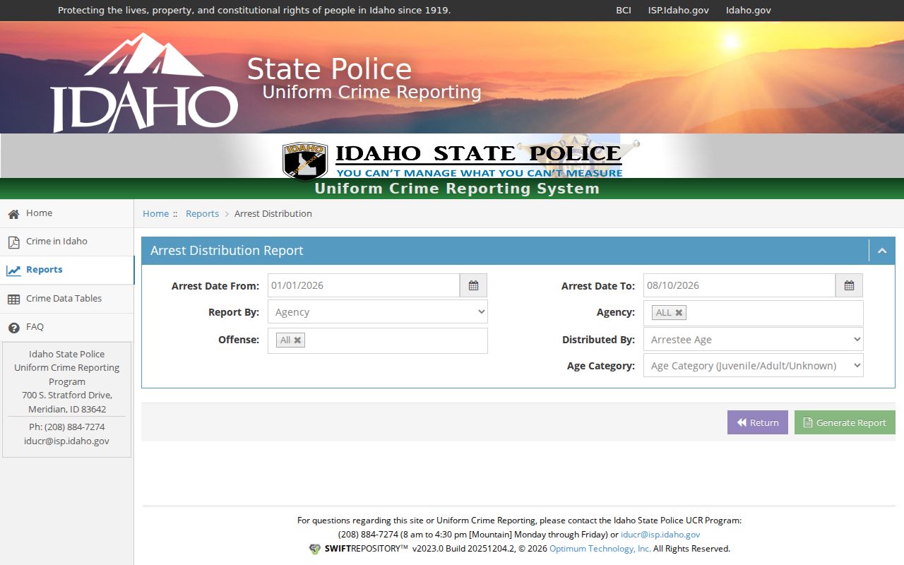 Idaho statewide arrest distribution report controls