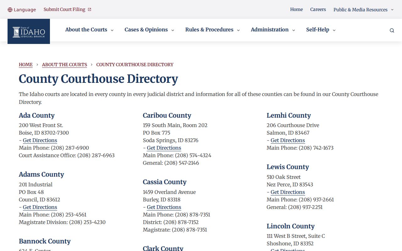 Idaho county courthouse directory for court case records