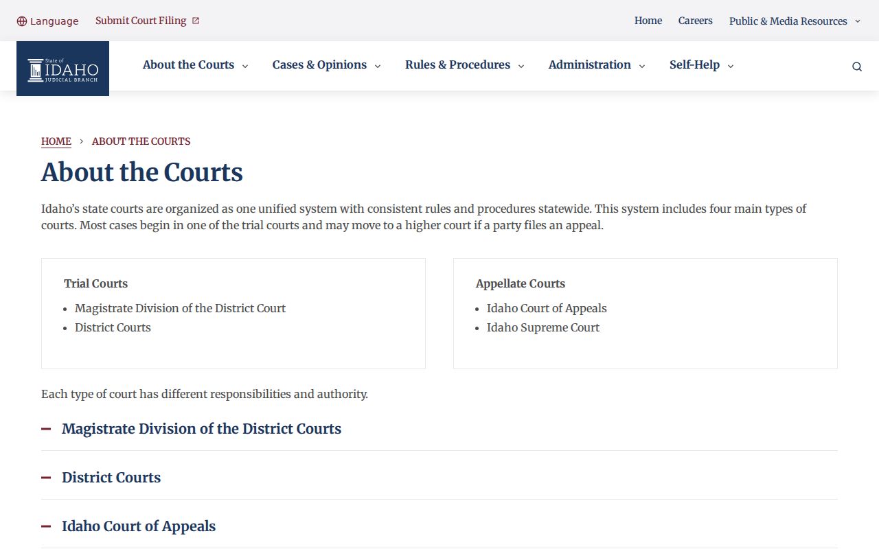 Idaho court case lookup showing the unified court structure
