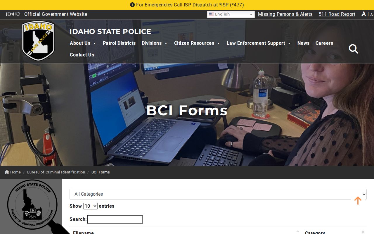Idaho State Police BCI criminal history forms library