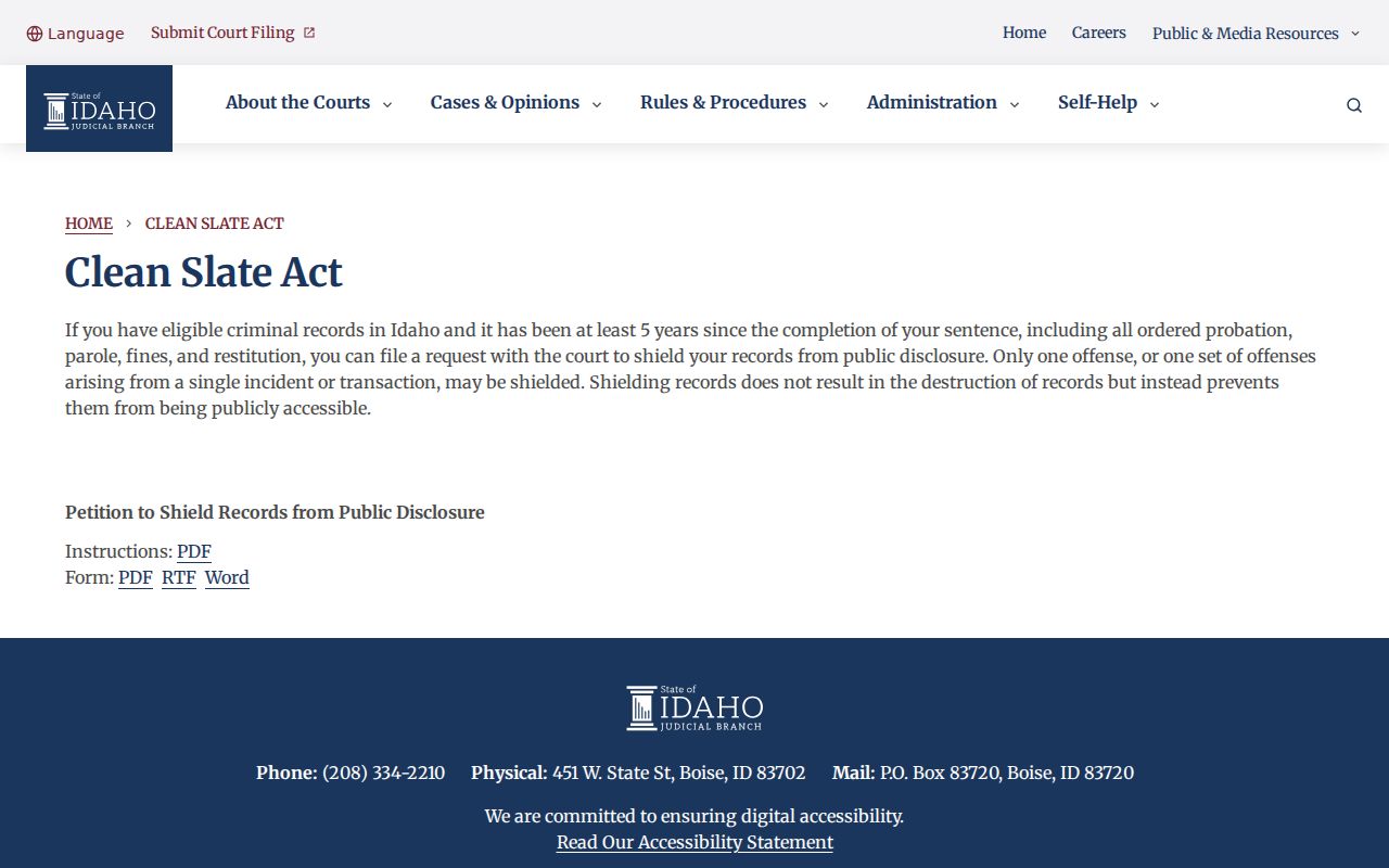 Idaho criminal history Clean Slate shielding materials