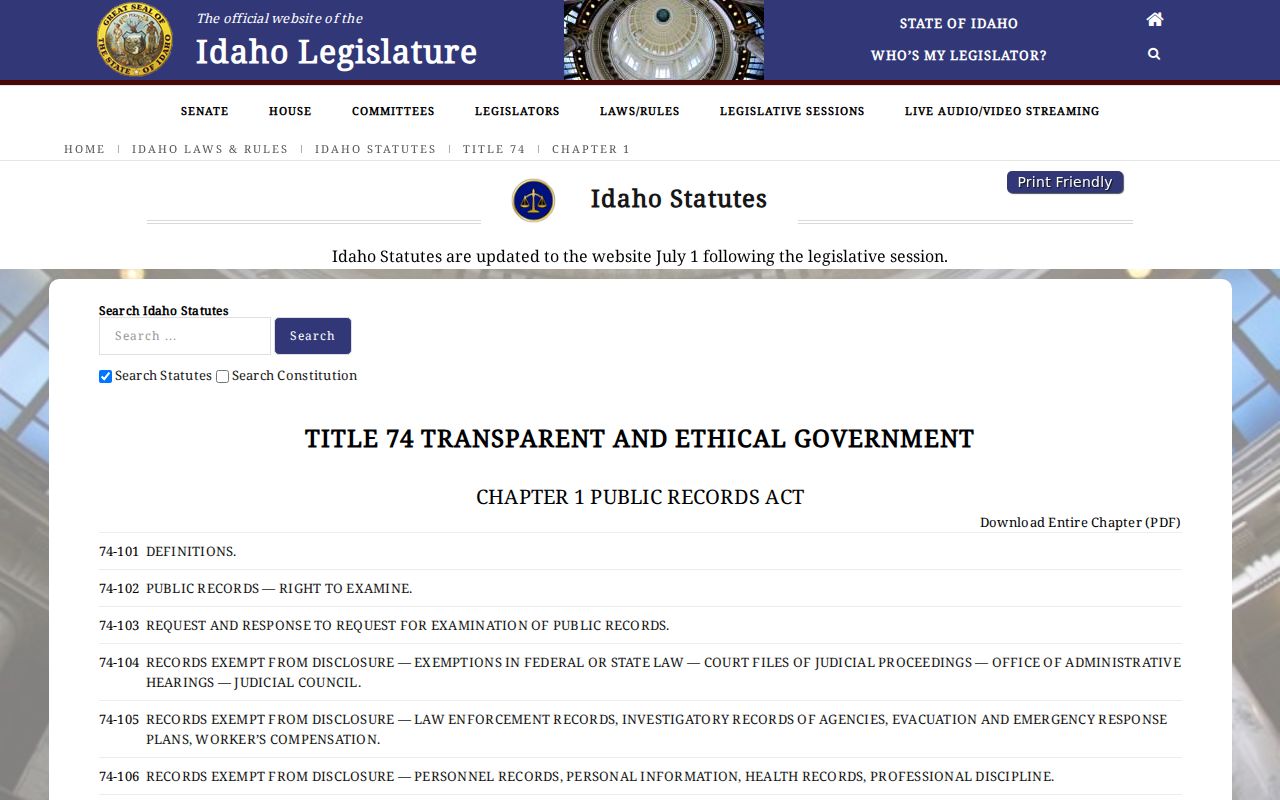 Idaho criminal history Public Records Act source
