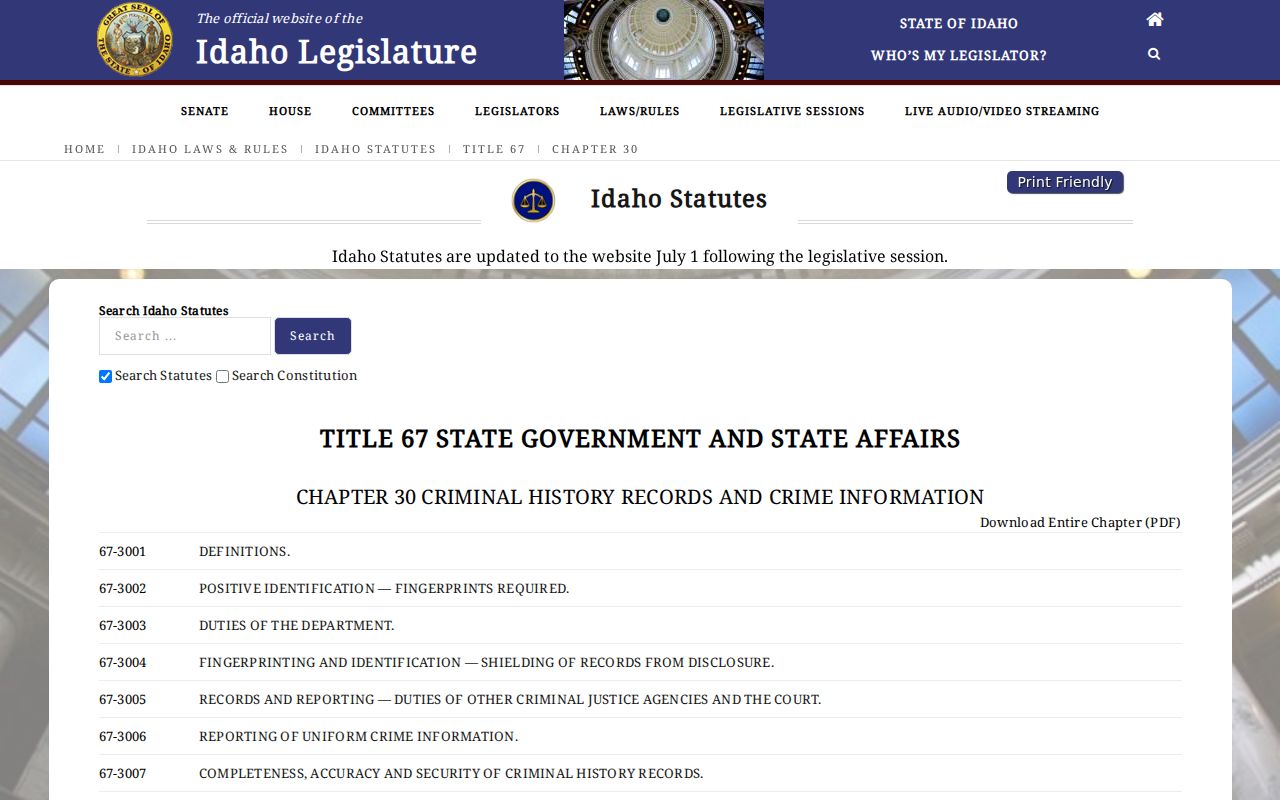 Idaho criminal history repository statute chapter