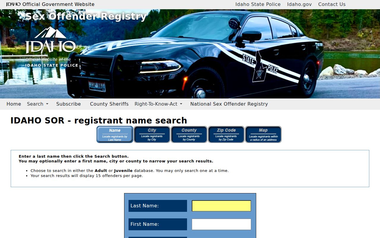 Idaho sex offender registry name search fields